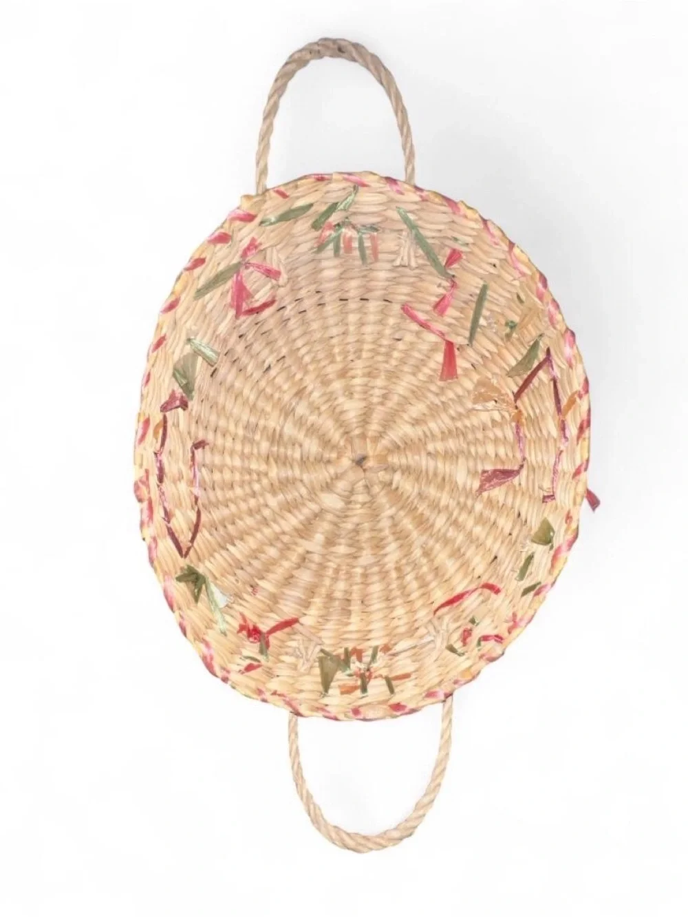 Vintage 70s Handwoven Straw Raffia Flower Accent Basket